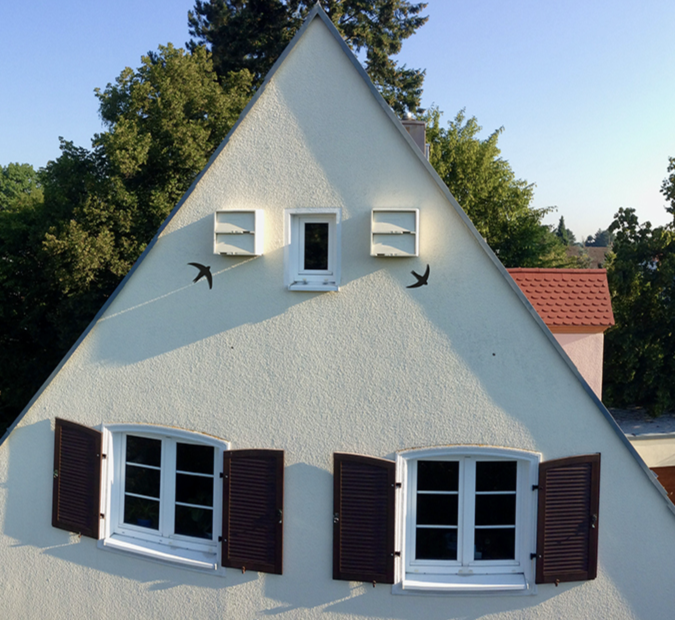 Mauerseglerkasten an gelber Hausfassade  mit Zeigevogel 